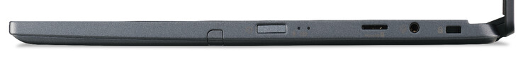 Lado derecho: Botón de encendido/escáner de huellas dactilares, lector de tarjetas de memoria (microSD), audio combinado, ranura de bloqueo de cables