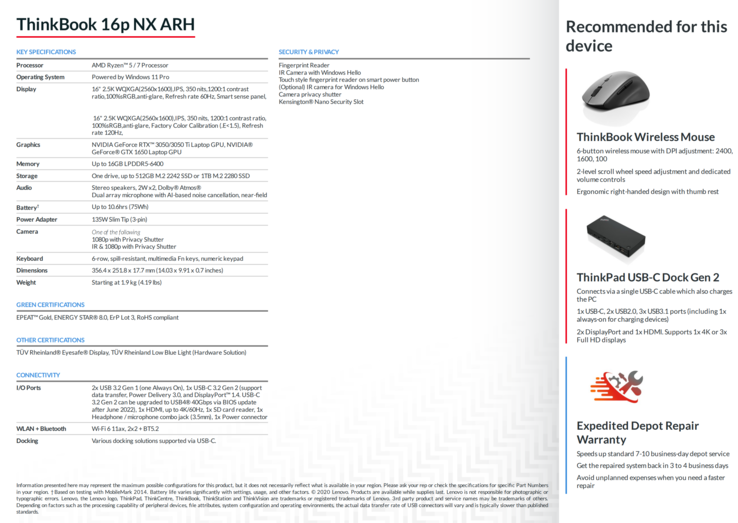 Especificaciones del Lenovo ThinkBook 16p NX