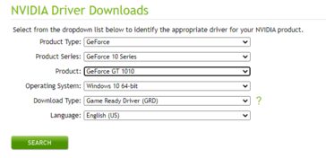 GT 1010 indicado en la página de descarga de controladores de NVIDIA. (Fuente: NVIDIA)