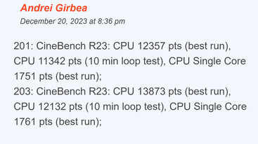 Resultados del benchmark Cinebench R23 antes (201) y después (203) de la actualización de la BIOS (Fuente de la imagen: UltrabookReview)