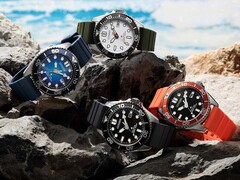 Cuatro relojes de buceo Citizen Promaster Marine en colores blanco, negro, azul y naranja, expuestos sobre unas rocas junto al mar.