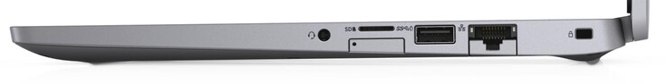 Lado derecho: audio combo, ranura para tarjeta SIM, lector de tarjetas de memoria (MicroSD), USB 3.2 Gen 1 (Tipo A), Gigabit Ethernet, ranura de bloqueo de cable