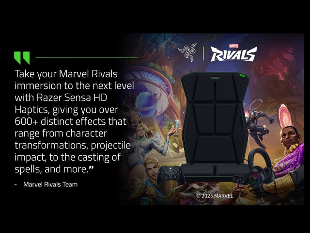 Los hápticos Razer Sensa HD ofrecen cientos de efectos inmersivos mientras se juega a Marvel Rivals. (Fuente de la imagen: Razer vía X)