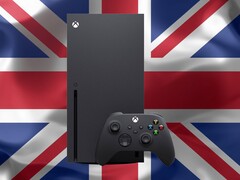Xbox Series X vista delante de la bandera del Reino Unido