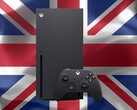 Xbox Series X vista delante de la bandera del Reino Unido