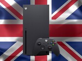 Xbox Series X vista delante de la bandera del Reino Unido
