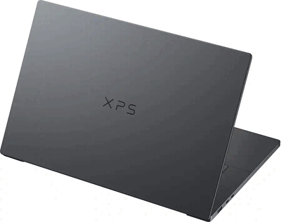 Dell XPS 16 visto desde la parte trasera con su acabado oscuro y el logotipo XPS