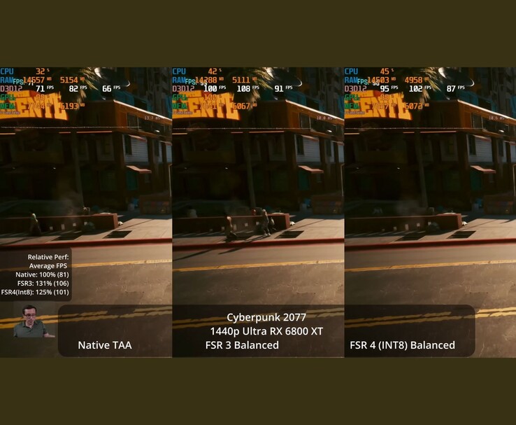 Comparación lado a lado de Cyberpunk 2077 ejecutándose a 1440p Ultra en una RX 6800 XT, mostrando TAA nativo, FSR 3 equilibrado y FSR 4 equilibrado. (Fuente de la imagen: Daniel Own vía YouTube)