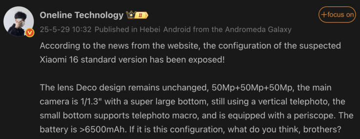 Detalles filtrados del Xiaomi 16. (Fuente de la imagen: Weibo - machine translated)