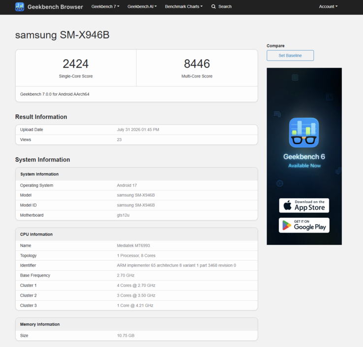 El MediaTek Dimensity 9500 integrado alcanza una puntuación de 2.424 en las pruebas de un solo núcleo y de 8.446 en las de varios núcleos, con 12 GB de RAM en la unidad sometida a prueba.