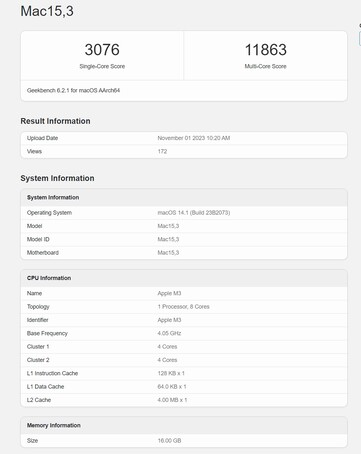 Apple M3 en una ejecución de Geekbench 6.2. (Fuente: Geekbench)