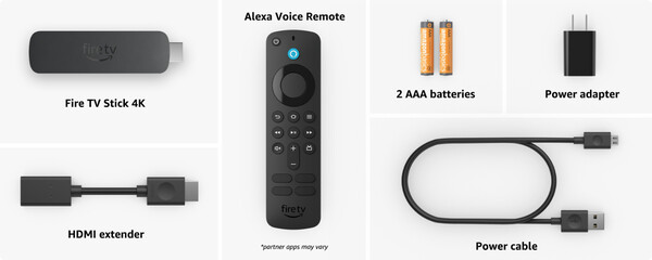 Los tres sticks de streaming vienen con un extensor HDMI, un adaptador de corriente y pilas para el mando a distancia. (Fuente de la imagen: Amazon)