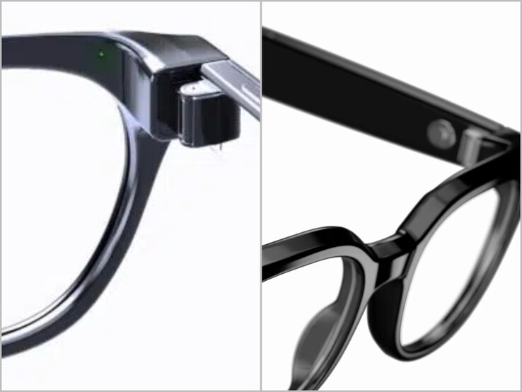 Indicador LED en el interior de la montura (izquierda) y primer plano de las gafas « Galaxy » de Warby Parker. 