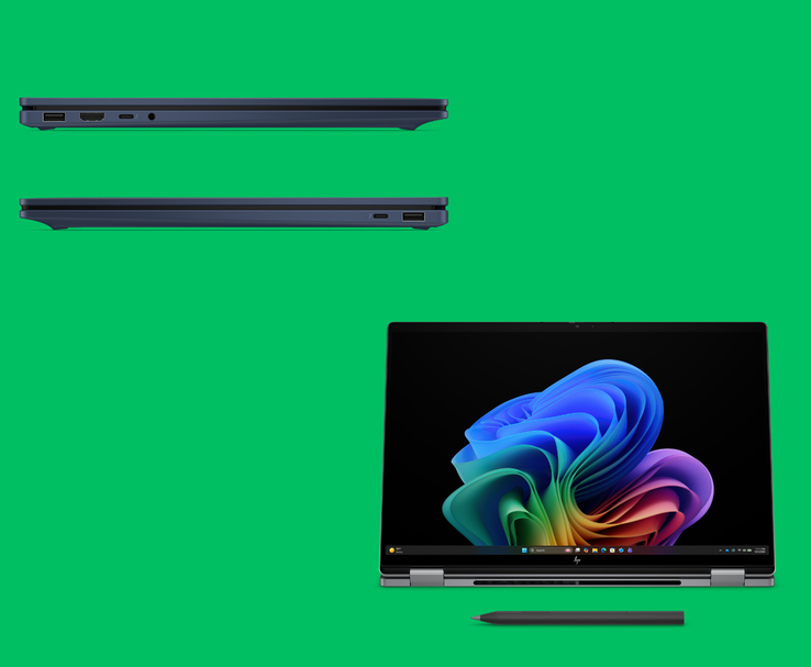 Se muestra el portátil 2 en 1 HP OmniBook X Flip de 16 pulgadas en modo tableta con soporte para lápiz óptico (Fuente de la imagen: HP)