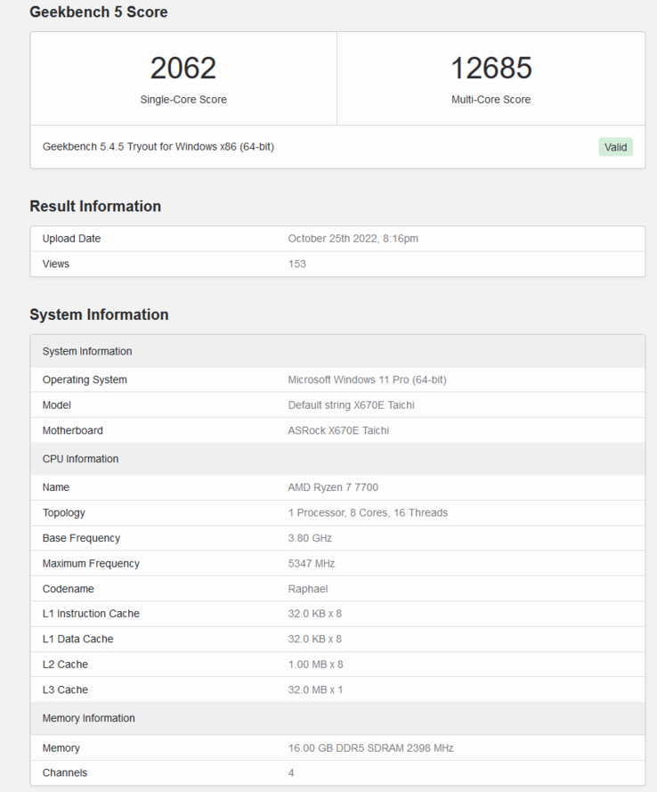 Listado de AMD Ryzen 7 7700 en Geekbench (imagen vía Geekbench)