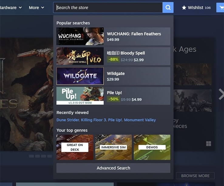La nueva función de búsqueda ahora también muestra las consultas de búsqueda populares de otros usuarios. (Fuente de la imagen: Steam)