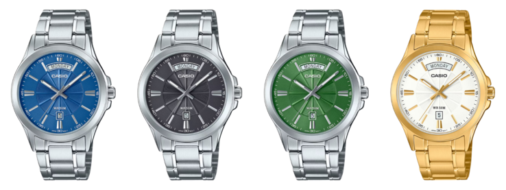 De izquierda a derecha: la Casio MTP-1381D-2AV, la MTP-1381D-3AV, la MTP-1381D-8AV y la MTP-1381GD-7AV. (Fuente de la imagen: Casio)