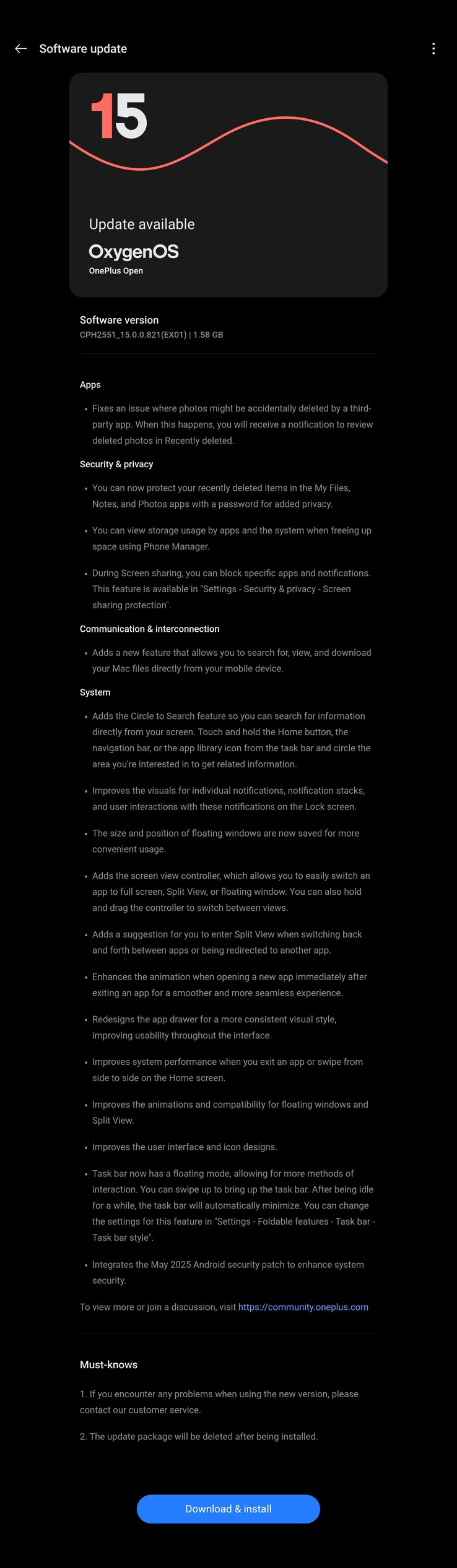 El registro de cambios completo de OxygenOS 15.0.0.821. (Fuente: OnePlus)