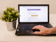 Un ordenador portátil sobre un escritorio en el que se ve una bandeja de entrada de correo electrónico abierta, con una planta en maceta junto a él.