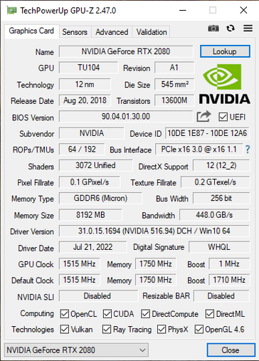 Perfil de hardware de la GTX 2080. (Fuente: ascandence22 en Reddit)