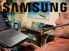 Paciente de Neuralink utilizando una interfaz cerebro-ordenador (BCI), con el logotipo de Samsung en la parte superior.
