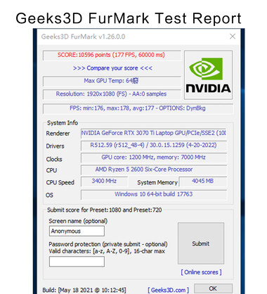 gPU 51Risc RTX 3070 TiM - Informe de la prueba FurMark. (Fuente de la imagen: Aliexpress)