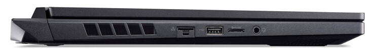 Lado izquierdo: Gigabit ethernet, USB 2.0 (USB-A), lector de tarjetas de memoria (MicroSD), conector de audio combinado