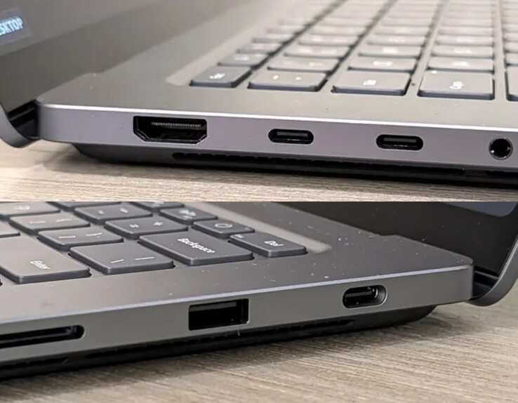 El puerto USB-C del lado derecho del Surface Laptop Ultra es visiblemente más grande que los puertos USB-C de la izquierda.