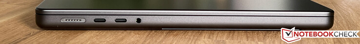 Lado izquierdo: MagSafe, 2x USB-C 4.0 con Thunderbolt 4 (40 Gbps, DisplayPort-ALT modo 1.4, Power Delivery), 3,5 mm estéreo