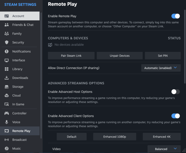 Tan sencillo como pulsar un interruptor, Steam Remote Play es la solución más fácil para empezar (Fuente: Notebookcheck)