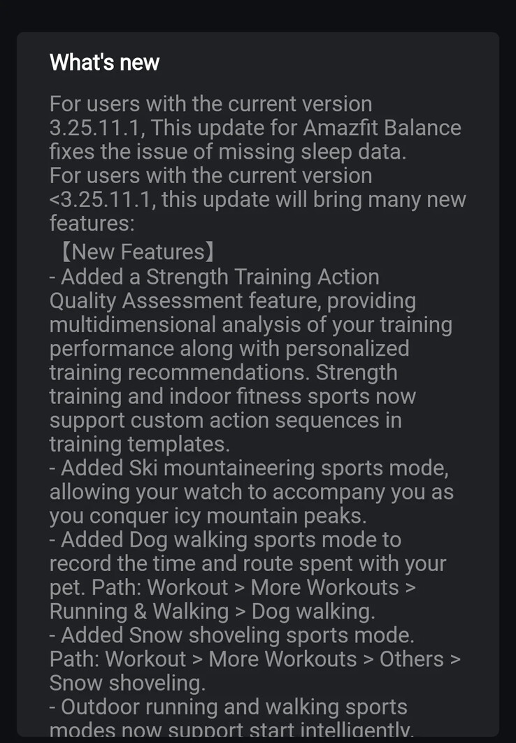 El registro de cambios de la versión de software 3.25.12.3 para el reloj inteligente Amazfit Balance. (Fuente de la imagen: u/SabretoothPenguin vía Reddit)