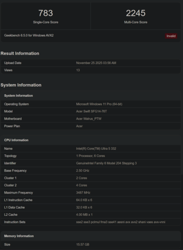 Intel Core Ultra 5 332 listado de Geekbench (fuente de la imagen: Geekbench)