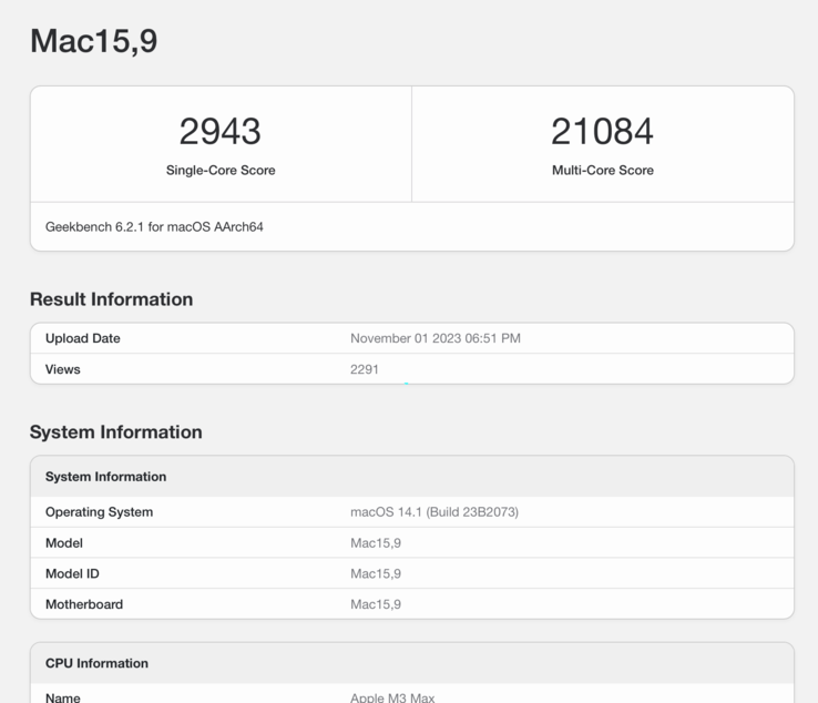 Apple's M3 Max rinde admirablemente en el banco de pruebas Geekbench 6. (Fuente : Geekbench 6)