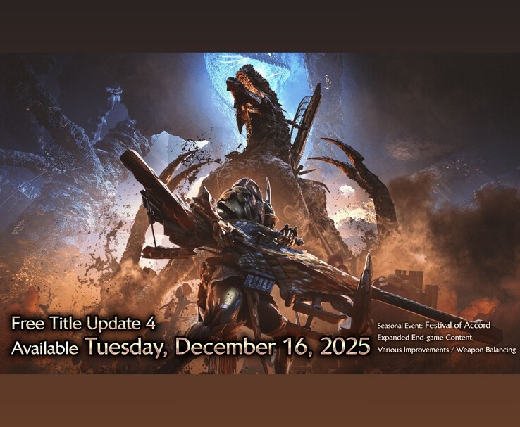 Material gráfico promocional de Monster Hunter Wilds en el que se destaca la actualización gratuita del título 4, que saldrá a la venta el 16 de diciembre de 2025 y que incluye el evento Festival of Accord y otras actualizaciones (Fuente de la imagen: Capcom)