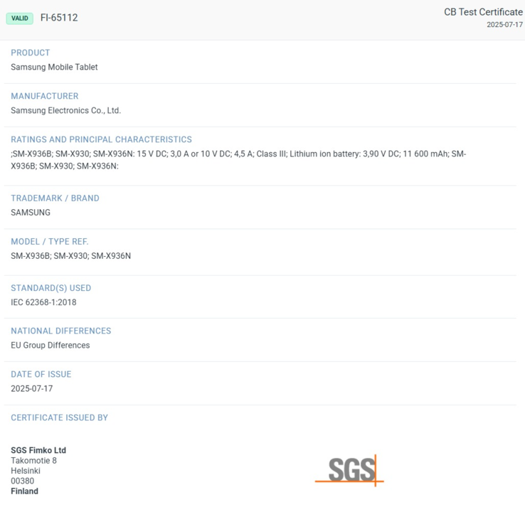 SGS Fimko certifica que la próxima generación de la tableta insignia de Samsung utilizará una batería y unas especificaciones de carga prácticamente sin cambios. (Fuente: SGS Fimko vía XpertPick)