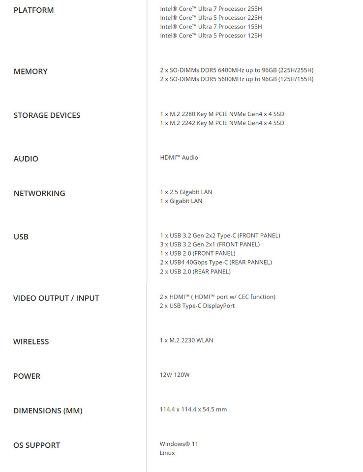 Especificaciones del mini PC (Fuente de la imagen: ECS)