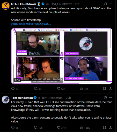 Respuesta de Tom Henderson X sobre las novedades de GTA 6 (Fuente de la imagen: captura de pantalla, cuenta X de GTA 6 Countdown, cuenta X de Tom Henderson)
