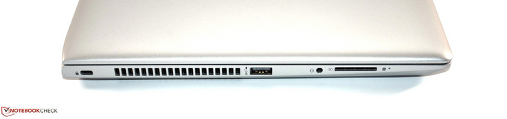 Izquierda: cerradura Kensington, USB 2.0 Tipo-A, conector de audio combinado, lector de tarjeta SD