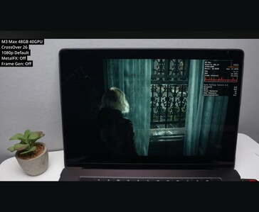 Resident Evil Requiem ejecutándose en un MacBook Pro M3 Max a través de CrossOver 26 con una configuración predeterminada de 1080p mostrando unos 73 FPS en una escena de interior.