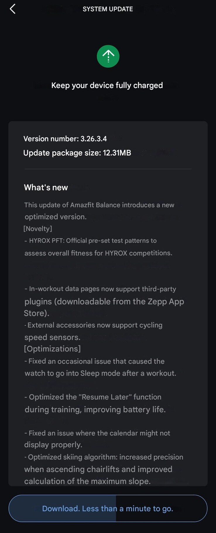Las notas de la versión 3.26.3.4 para el reloj inteligente Amazfit Balance. (Fuente de la imagen: u/SensitiveClock3479 via Reddit, machine translated)