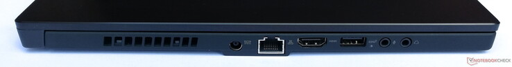 Lado izquierdo: Fuente de alimentación, Gigabit LAN, HDMI, 1x USB 3.1 Gen 2, 1x micrófono de 3.5 mm, 1x auriculares de 3.5 mm