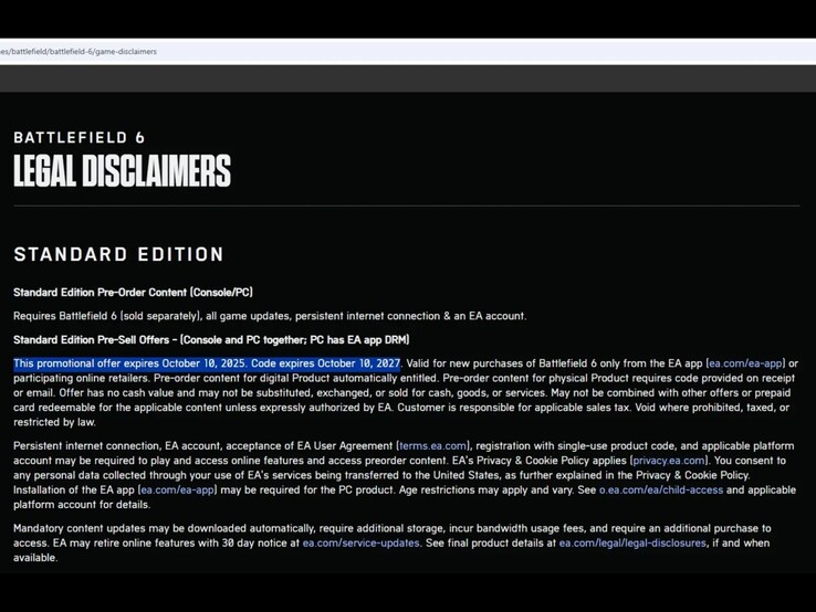 Página de avisos legales de la Edición Estándar de Battlefield 6 mostrando la fecha de finalización de la promoción de reserva. (Fuente de la imagen: Eurogamer)
