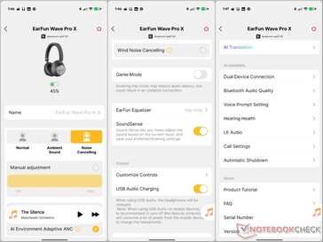 Opciones de la aplicación EarFun Audio.