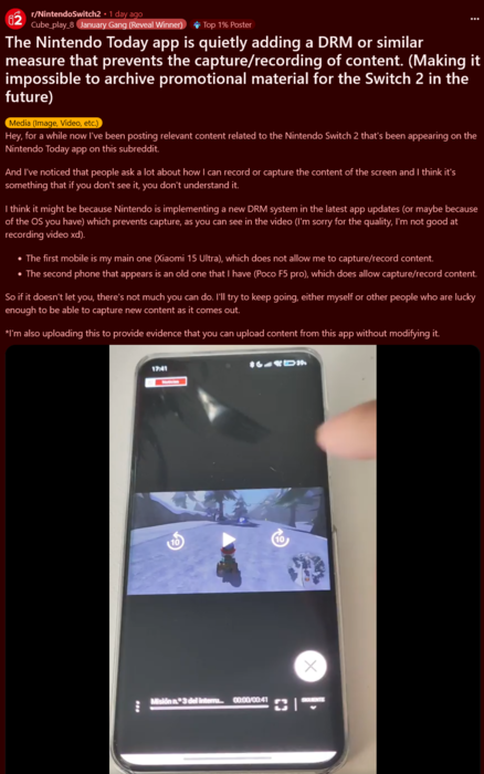 Restricciones DRM de la aplicación Nintendo Today! (Fuente de la imagen: captura de pantalla, subreddit de Nintendo Switch 2)