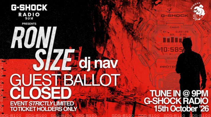 Roni Size actuará en el evento underground de lanzamiento del G-Shock Mudman de Casio el 15 de octubre de 2026, y su sesión se transmitirá a través de G-Shock Radio.