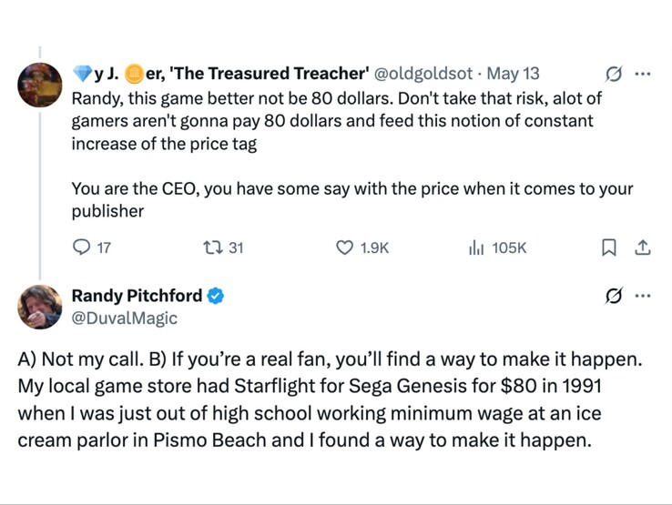 Respuesta de Randy Pitchford al comentario de un fan sobre el precio de Borderlands 4. (Fuente de la imagen: Randy Pitchford en X)