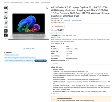 Listado de Asus Vivovook S 15 en Amazon con la misma advertencia (fuente de la imagen: Amazon)