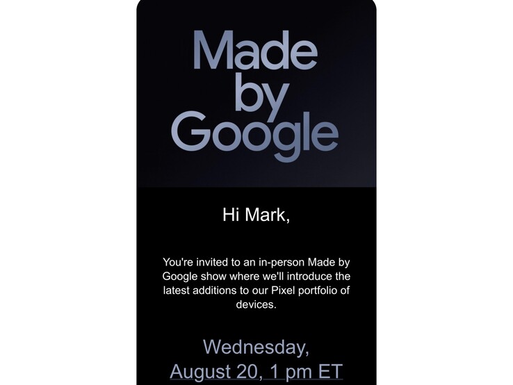 Invitación al evento Made by Google enviada a Mark Gurman. (Fuente de la imagen: Mark Gurman en X)