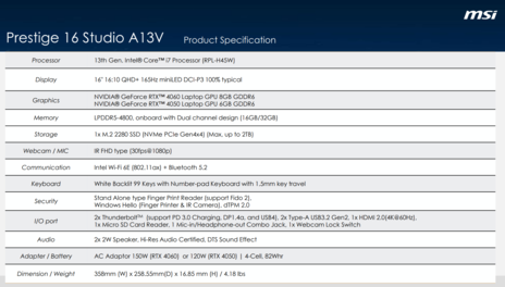MSI Prestige 16 Studio A13V - Especificaciones. (Fuente de la imagen: MSI)