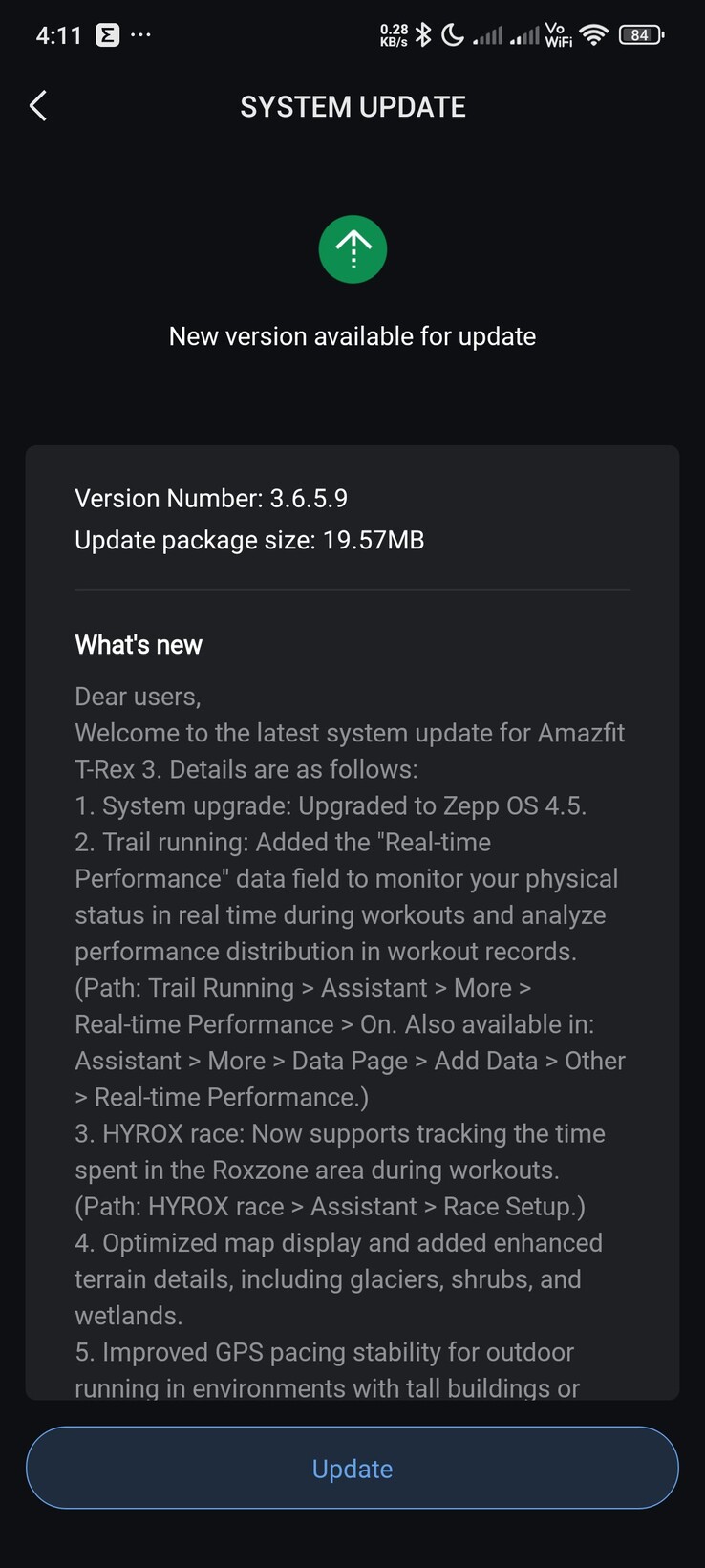Las notas de publicación de la actualización de la versión 3.6.5.9 para el reloj inteligente Amazfit T-Rex 3. (Fuente de la imagen: Facebook)